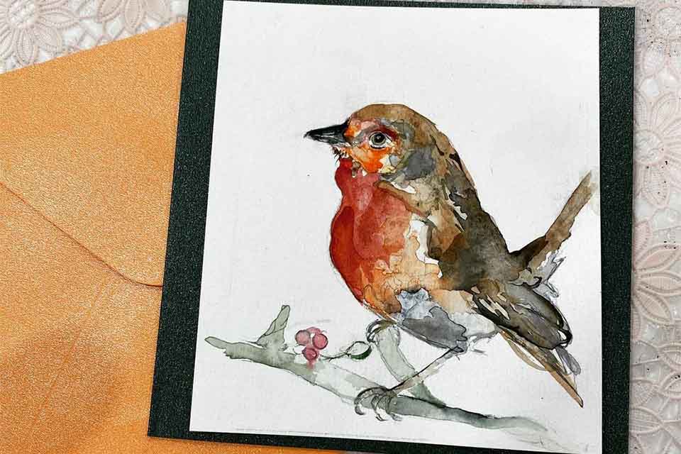 Red Robin Card by Sarah Redman (@redmanprintmaker)